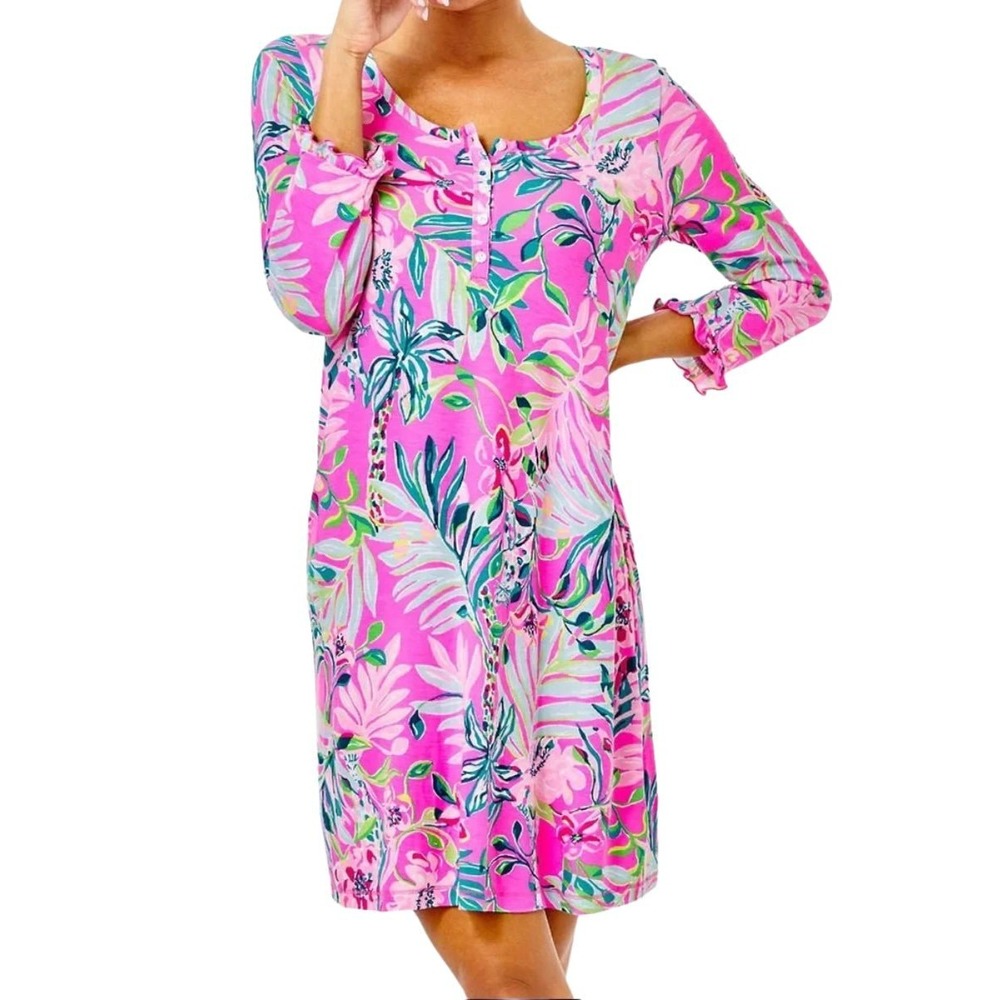 Lilly Pulitzer PJ Knit Nightshirt Plumeria Pink I'm Feline Fine Night Gown LG